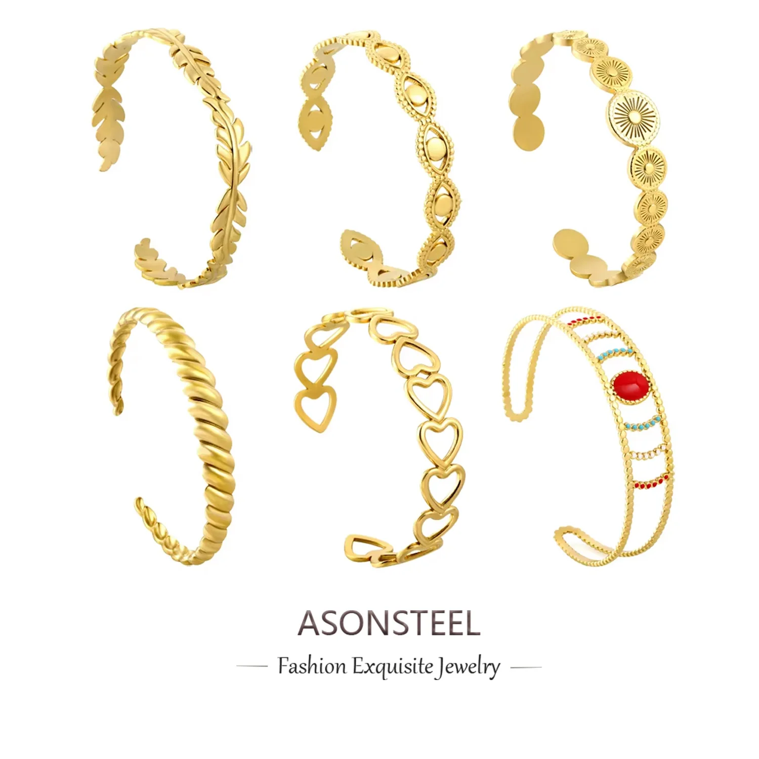 ASONSTEEL Luxury Leaf Heart Sun Shape Open Bangle Gold Color Stainless Steel For Women Girl Fashion Bracelets wedding Jewelry
ASONSTEEL Luxury Leaf Heart Sun Shape Open Bangle Gold Color Stainless Steel For Women Girl Fashion Bracelets wedding Jewelry
