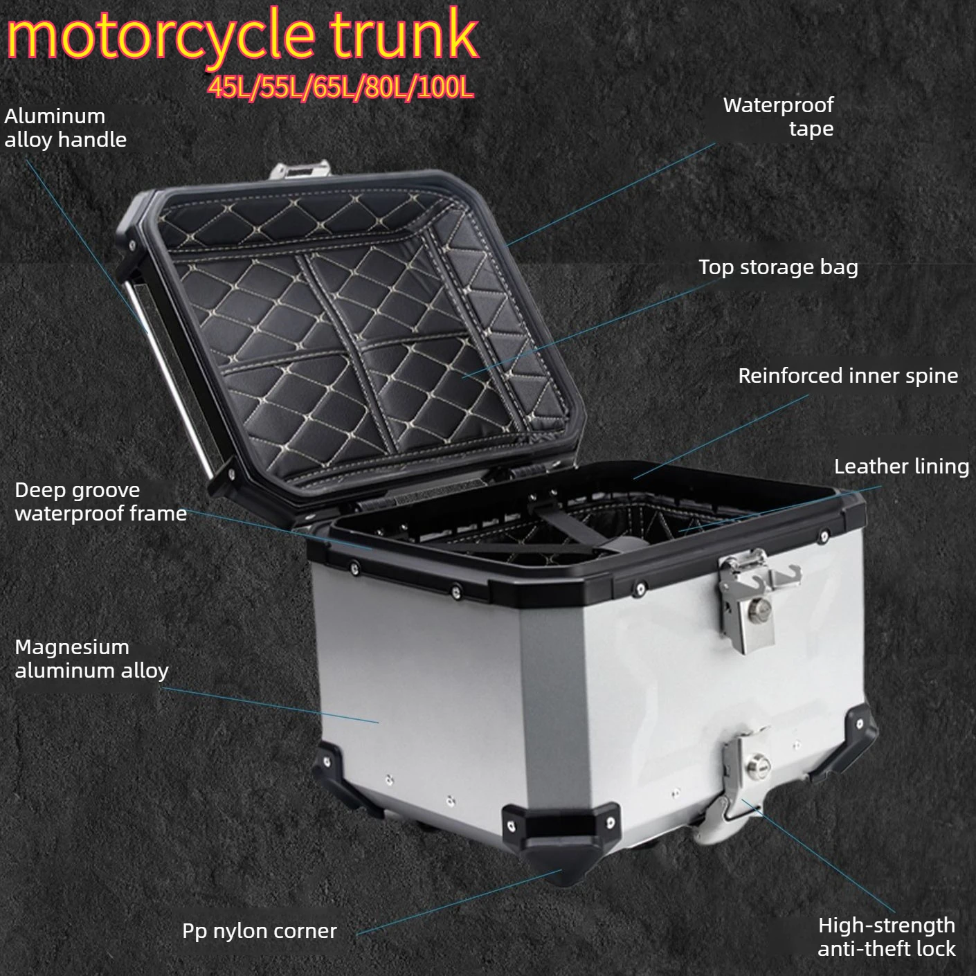Aluminum Alloy Motorcycle Top Box 45L-80L Quick Release Waterproof Rear Luggage Helmet Storage Case for E-Bike Motorbike
Aluminum Alloy Motorcycle Top Box 45L-80L Quick Release Waterproof Rear Luggage Helmet Storage Case for E-Bike Motorbike
