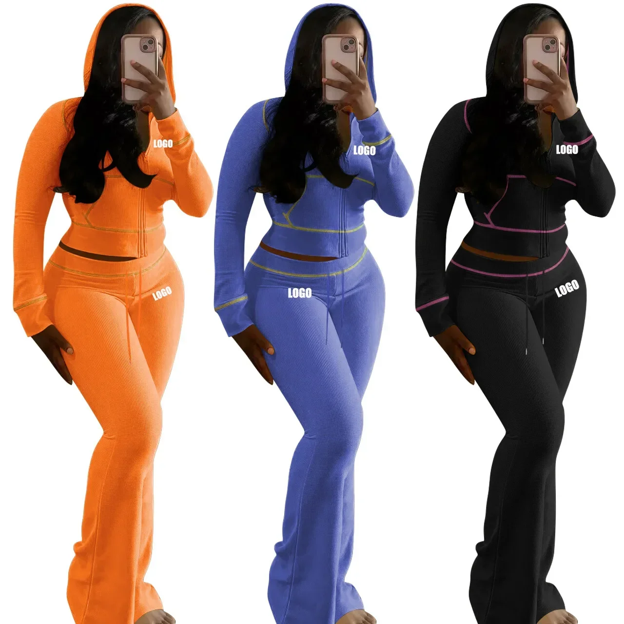 Custom LOGO women's clothing new fashionable and elegant waffle hooded micro-speaker trousers two-piece set
Custom LOGO women's clothing new fashionable and elegant waffle hooded micro-speaker trousers two-piece set