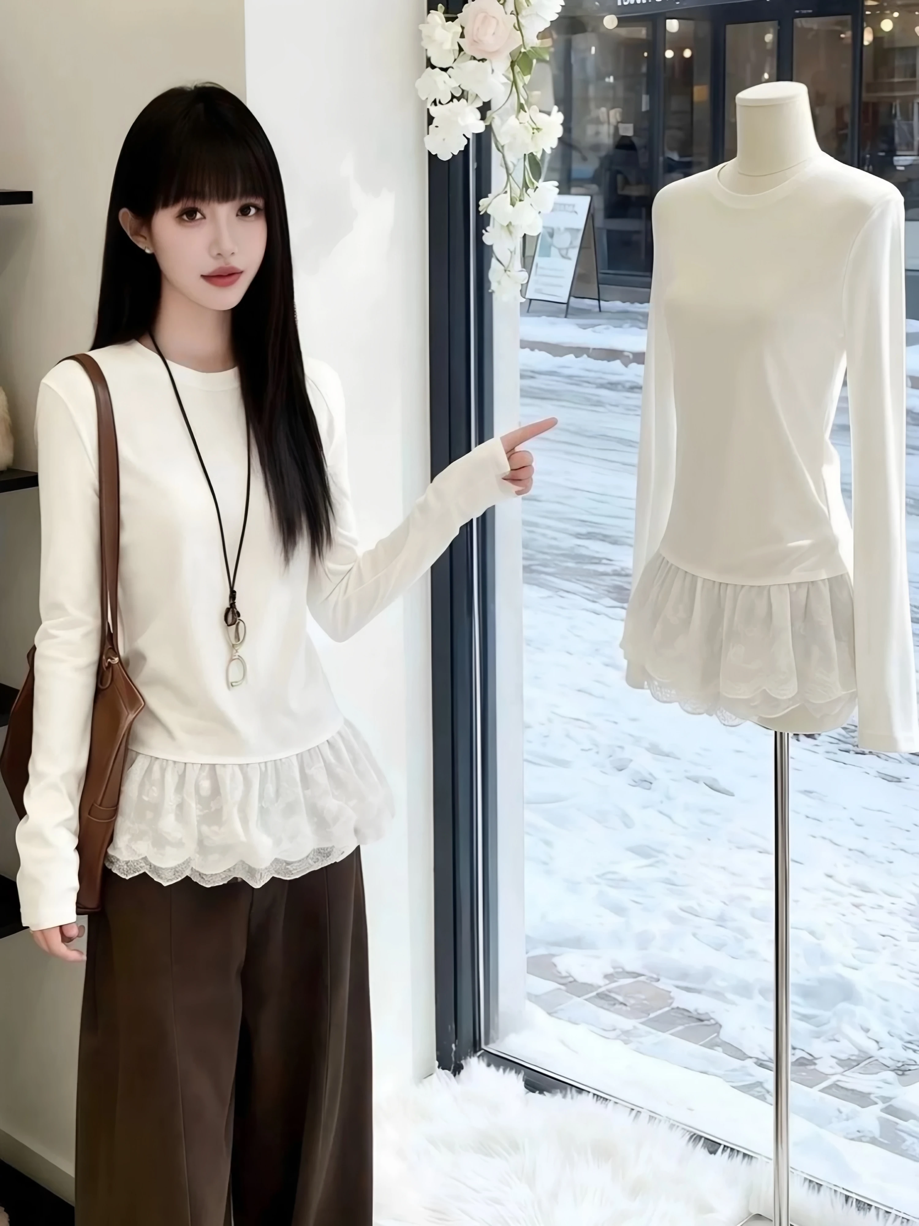 95 Cotton Long Sleeve round Neck T-Shirt Women's Spring Autumn New Lace Splicing Can Be Worn outside Base Shirt Inner Match Top
95 Cotton Long Sleeve round Neck T-Shirt Women's Spring Autumn New Lace Splicing Can Be Worn outside Base Shirt Inner Match Top
