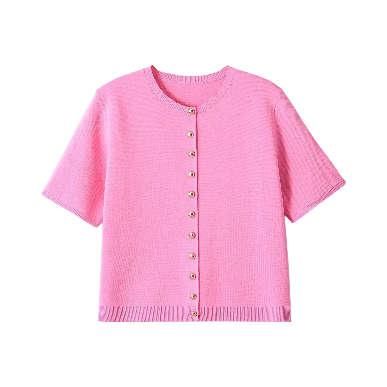European and American 2026 new summer women's clothing temperament simple round neck short-sleeved casual rib knitted jacket
European and American 2026 new summer women's clothing temperament simple round neck short-sleeved casual rib knitted jacket