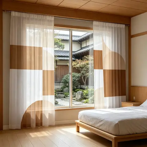 2PCS Digital Print Sheer Curtain, Brown White Geometric, Vintage Floral Window Curtains for Living Room Bedroom Home Decor