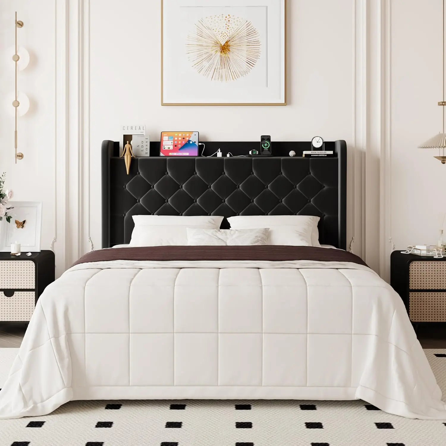 Queen Size Bed Frame, Storage Headboard with Charging Station, Wingback Velvet Upholstered, Diamond Stitched Button, Customized
Queen Size Bed Frame, Storage Headboard with Charging Station, Wingback Velvet Upholstered, Diamond Stitched Button, Customized