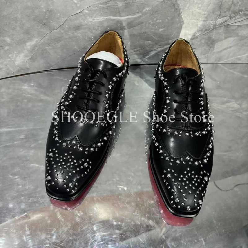 Fashion Rivet Leather Black Shoes for Men Formal Flat Small Square Toe Lace-up Loafers Summer Wedding Business Office Shoes 
Fashion Rivet Leather Black Shoes for Men Formal Flat Small Square Toe Lace-up Loafers Summer Wedding Business Office Shoes