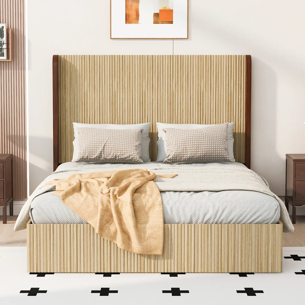 Queen Size Serrated Wood Platform Bed: Wing Headboard, No Spring, Easy Setup, Natural Wood
Queen Size Serrated Wood Platform Bed: Wing Headboard, No Spring, Easy Setup, Natural Wood