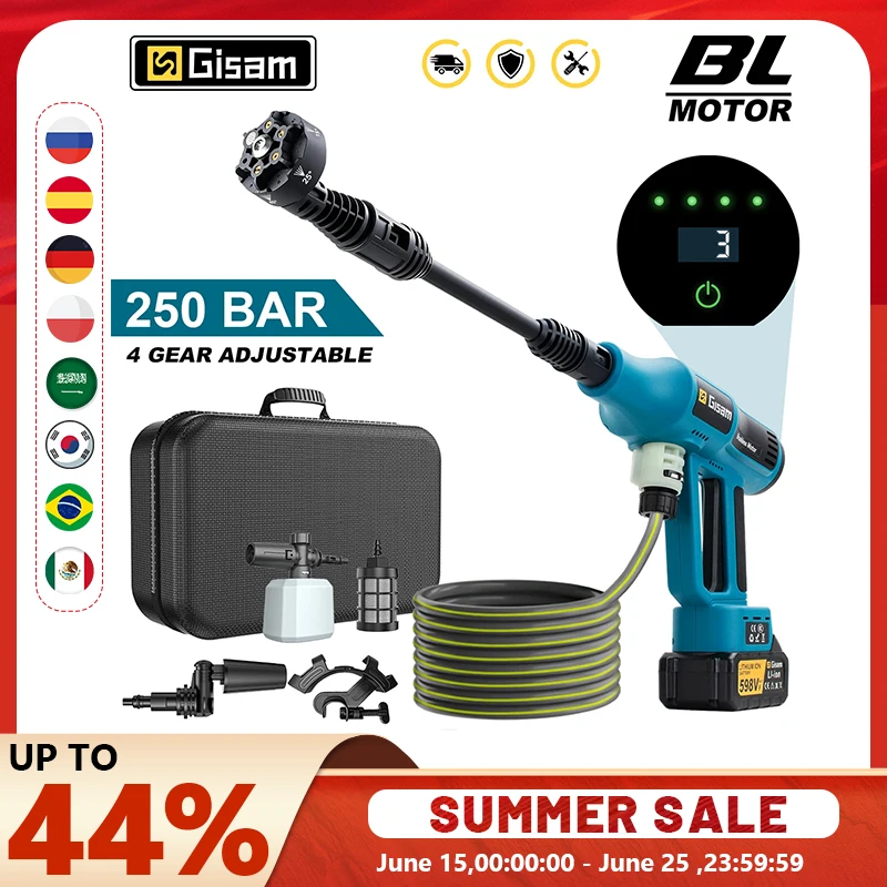 Gisam 250Bar Brushless High Pressure Car Washer Gun 4 Gears Electric Garden Washing Water Spray Gun for Makita 18V Battery Pin
Gisam 250Bar Brushless High Pressure Car Washer Gun 4 Gears Electric Garden Washing Water Spray Gun for Makita 18V Battery Pin