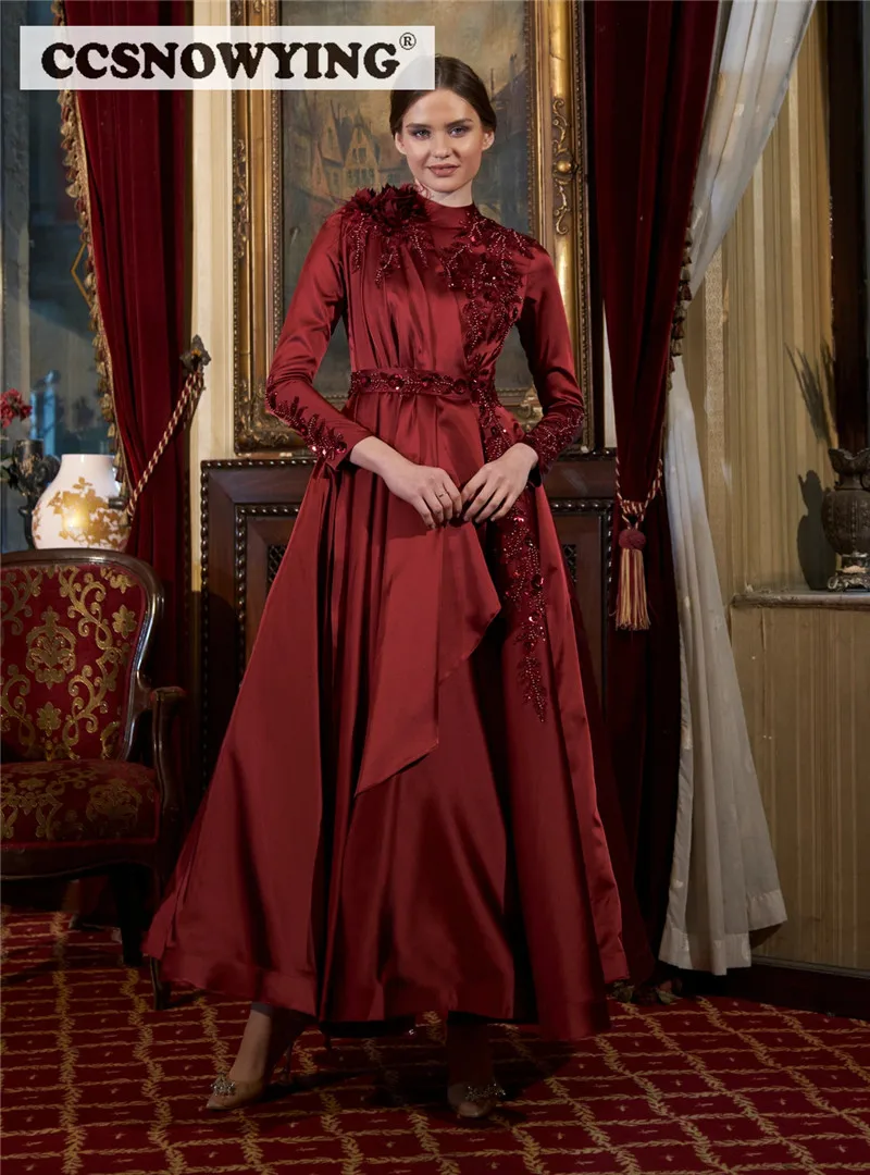 Burgundy Long Sleeve Muslim Evening Dress High Neck Islamic Formal Party Gown Satin Appliques Feather Arabia Dubai Caftan Robes
Burgundy Long Sleeve Muslim Evening Dress High Neck Islamic Formal Party Gown Satin Appliques Feather Arabia Dubai Caftan Robes