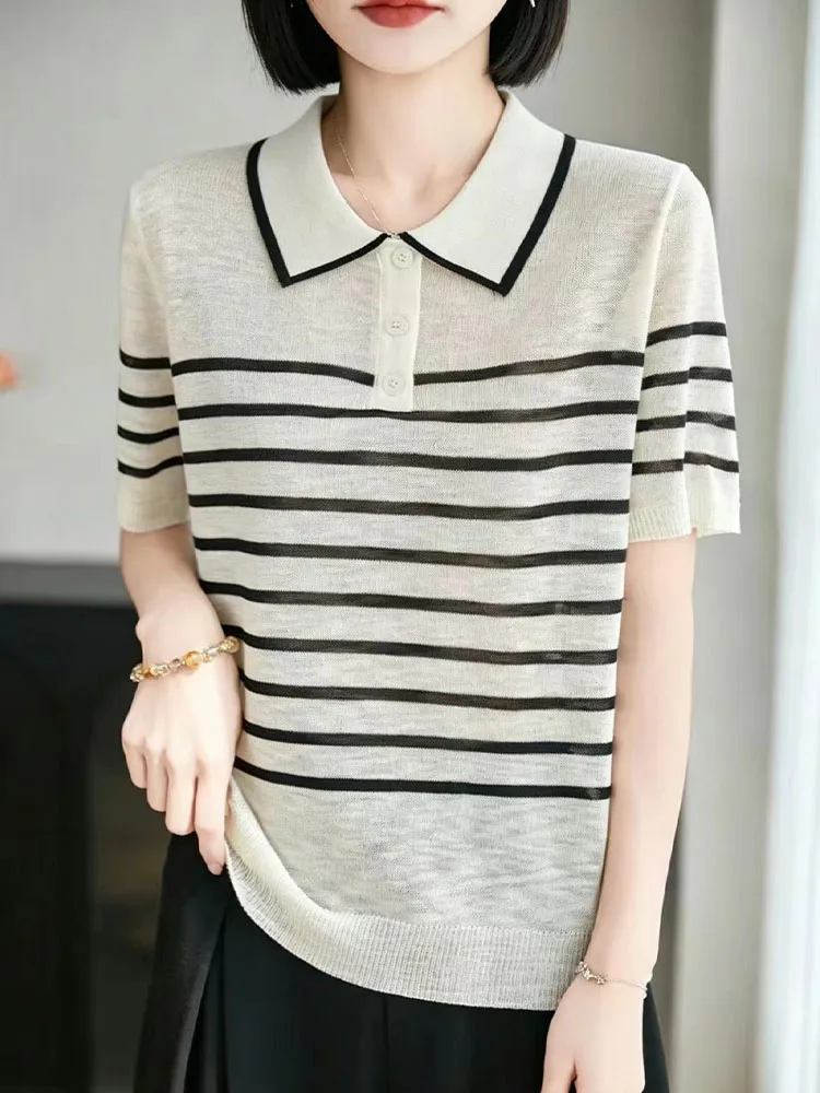 Summer New Loose Knitted Short Sleeve T-Shirt Women Fashionable Plaid Base Shirt Half Sleeve Thin Doll Collar Casual Style
Summer New Loose Knitted Short Sleeve T-Shirt Women Fashionable Plaid Base Shirt Half Sleeve Thin Doll Collar Casual Style