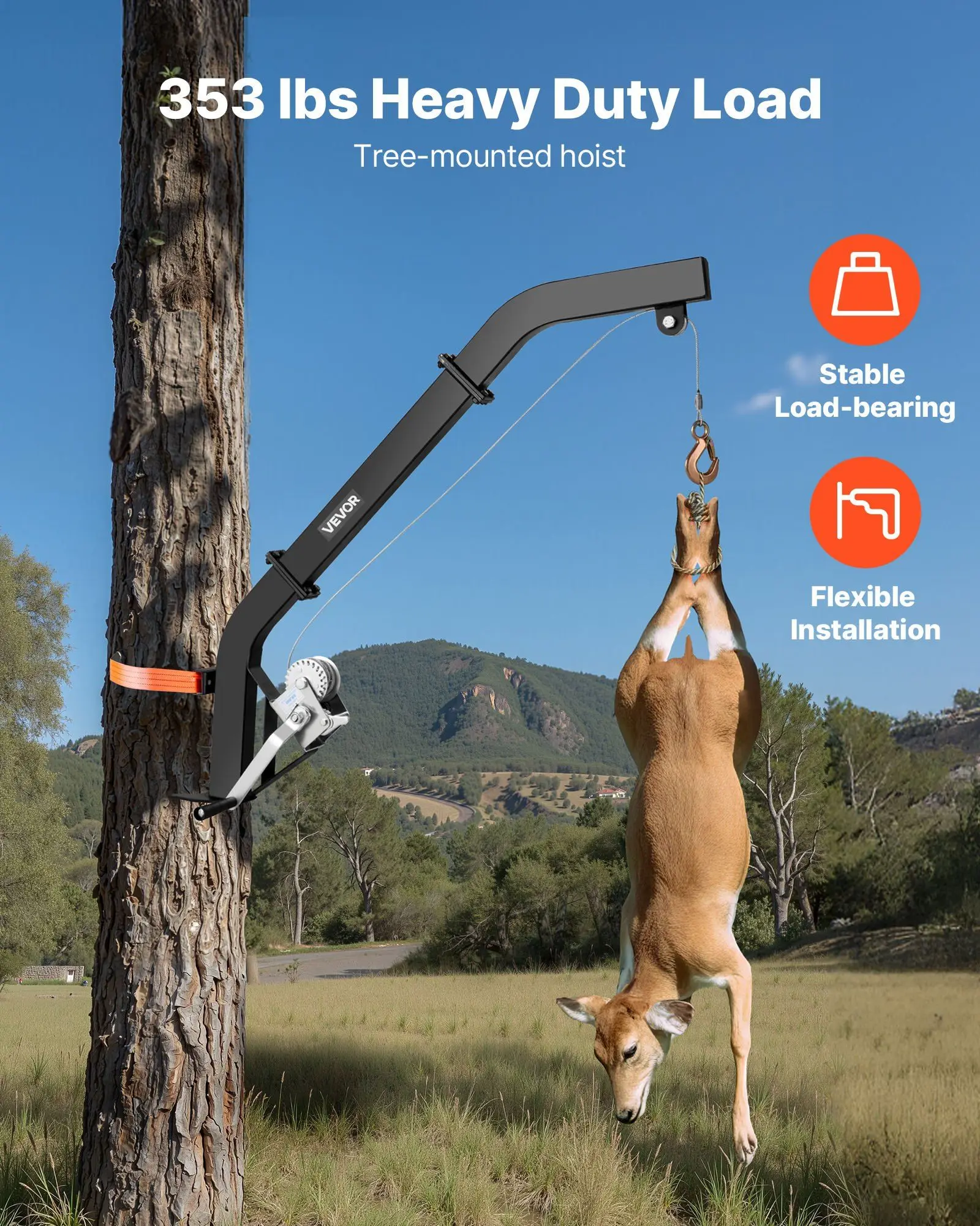 Tree Mounted Deer Hoist, 353 lbs Load Capacity, Hunting Game Hoist Winch Lift with Ratchet Strap, Heavy Duty Deer Hanger for Skinning, Cleaning, Hanging Feed, and Field Dressing, Black
Tree Mounted Deer Hoist, 353 lbs Load Capacity, Hunting Game Hoist Winch Lift with Ratchet Strap, Heavy Duty Deer Hanger for Skinning, Cleaning, Hanging Feed, and Field Dressing, Black