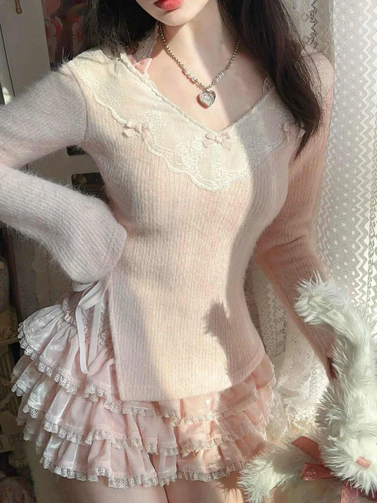 Japaneses Bow Kawaii Two-piece Set Women Lace Slit Tops + Pink Cake Skirt Suit Fahion Sweater Fluffy Casual Warm Sets 2024 New
Japaneses Bow Kawaii Two-piece Set Women Lace Slit Tops + Pink Cake Skirt Suit Fahion Sweater Fluffy Casual Warm Sets 2024 New
