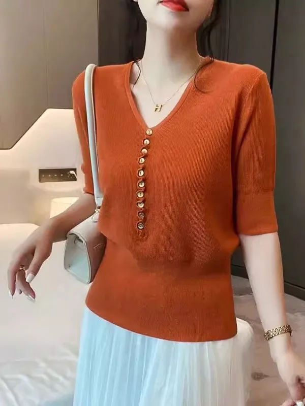 Casual Style Button up Thin Knit Shirt V-Neck Five Sleeve Lightweight Breathable Pure Color Design Summer New Women's Top
Casual Style Button up Thin Knit Shirt V-Neck Five Sleeve Lightweight Breathable Pure Color Design Summer New Women's Top