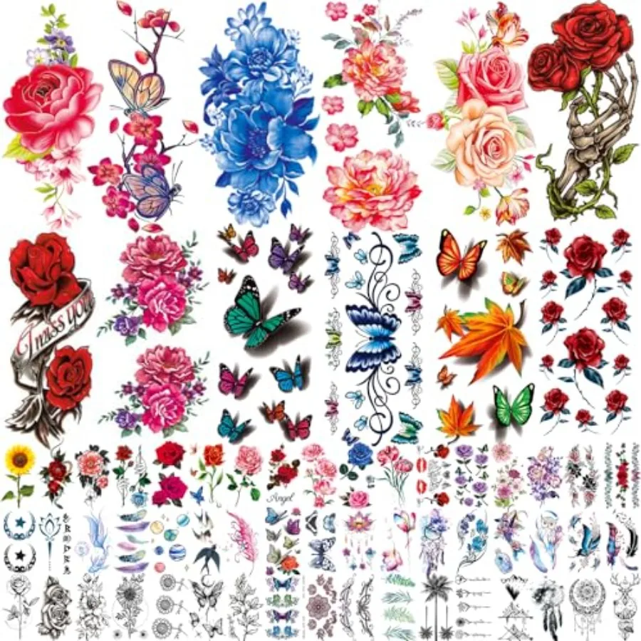 82 Sheets Flowers Temporary Tattoos Stickers, Roses, Butterflies and Multi-Colored Mixed Style Body Art Temporary Tattoos for W
82 Sheets Flowers Temporary Tattoos Stickers, Roses, Butterflies and Multi-Colored Mixed Style Body Art Temporary Tattoos for W