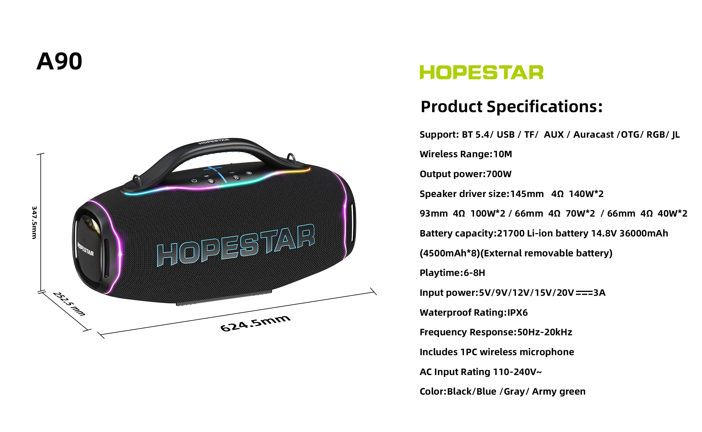 Original HOPESTAR A90 700W Wireless BT5.4 Speaker Deep Bass 36000mAh Removable Battery AI Sound 8 Speakers Outdoor Speaker
Original HOPESTAR A90 700W Wireless BT5.4 Speaker Deep Bass 36000mAh Removable Battery AI Sound 8 Speakers Outdoor Speaker