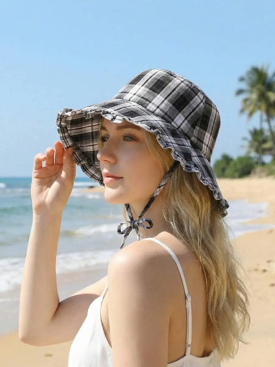 Womens Plaid Wide Brim Sun Hat With Ruffled Edge And Adjustable Chin Strap
Womens Plaid Wide Brim Sun Hat With Ruffled Edge And Adjustable Chin Strap
