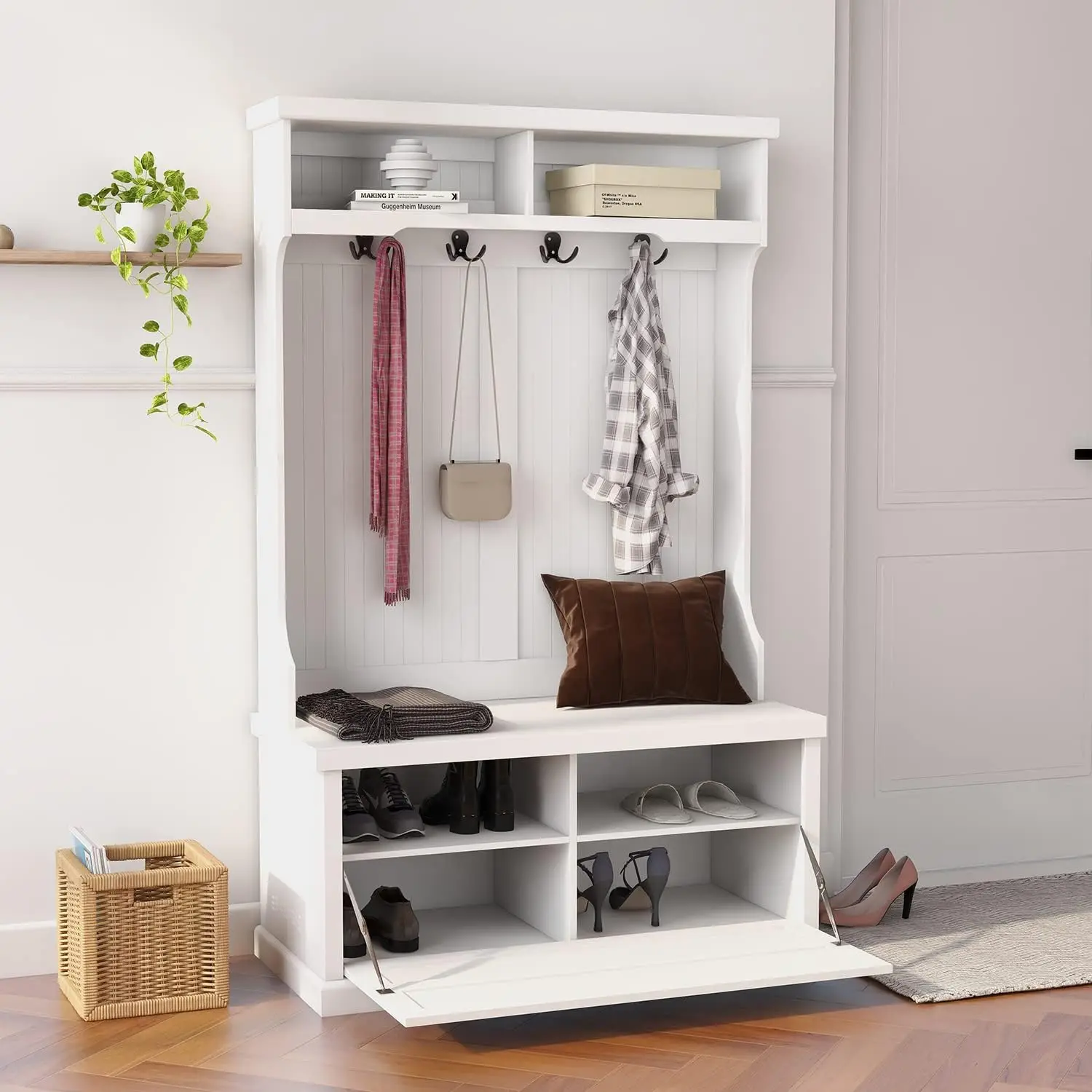 HomSof Entryway Hall Tree with Coat Rack 4 Hooks and Storage Bench Shoe Cabinet,White
HomSof Entryway Hall Tree with Coat Rack 4 Hooks and Storage Bench Shoe Cabinet,White