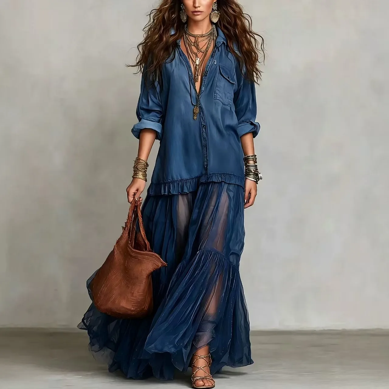 Women Long Sleeve Casual Solid Long Party Dress Fashion Turn Down Collar Mesh Splicing Gown Single-breasted Ruffle Denim Dress
Women Long Sleeve Casual Solid Long Party Dress Fashion Turn Down Collar Mesh Splicing Gown Single-breasted Ruffle Denim Dress