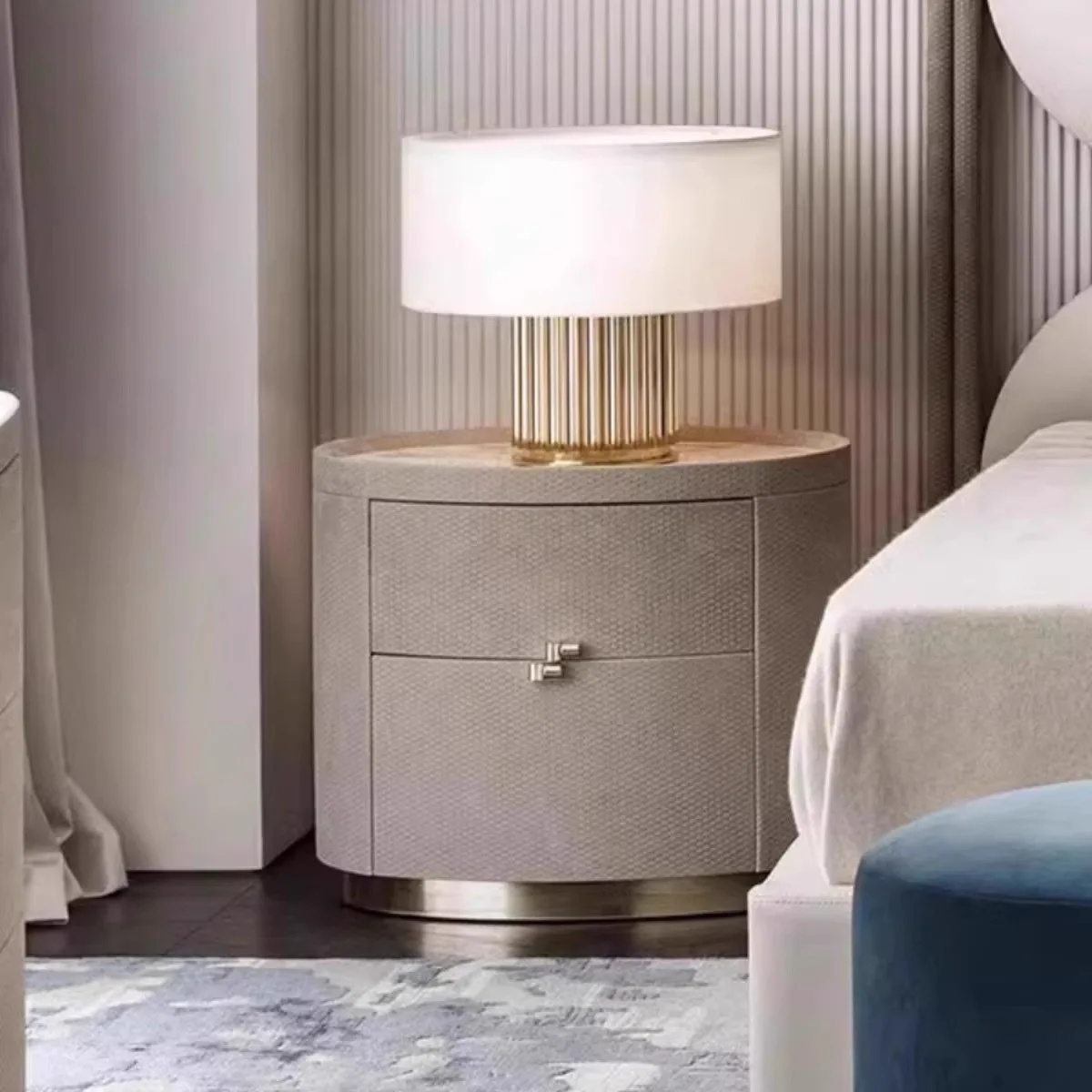 Solid wood oval leather bedside storage bedroom storage cabinet rock slab countertop
Solid wood oval leather bedside storage bedroom storage cabinet rock slab countertop