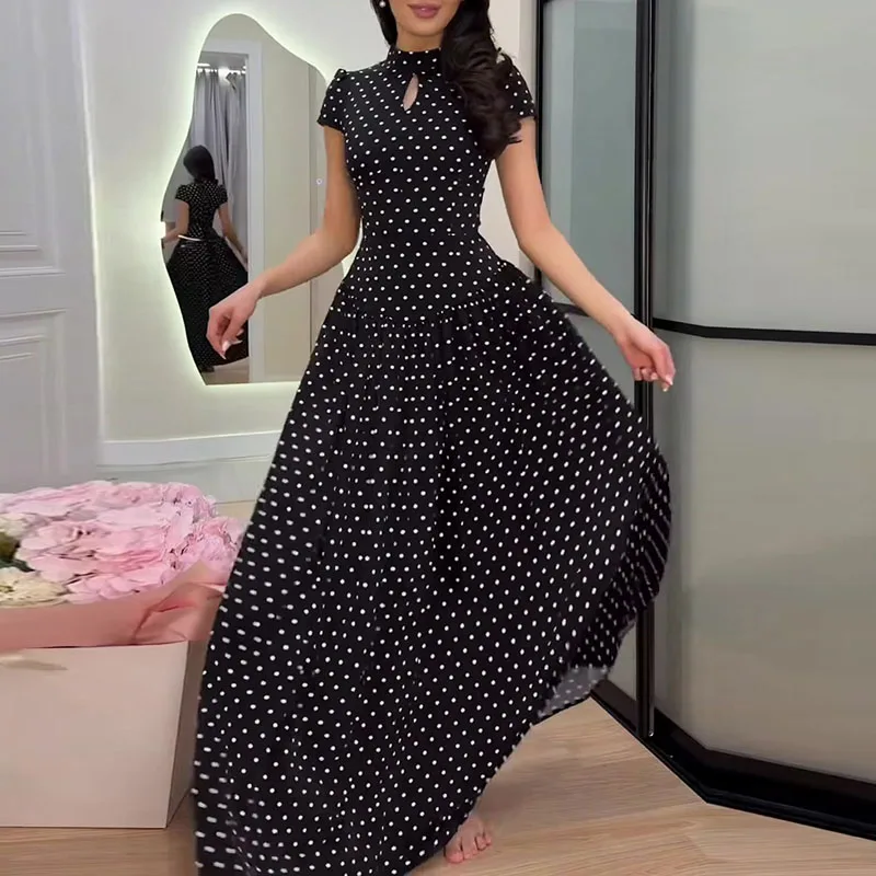 New Hollow Out Half High Collar Polka Dot Print Dress Summer Fashion Short Sleeve Slim Evening Dress Elegant Lady Commute Dress
New Hollow Out Half High Collar Polka Dot Print Dress Summer Fashion Short Sleeve Slim Evening Dress Elegant Lady Commute Dress