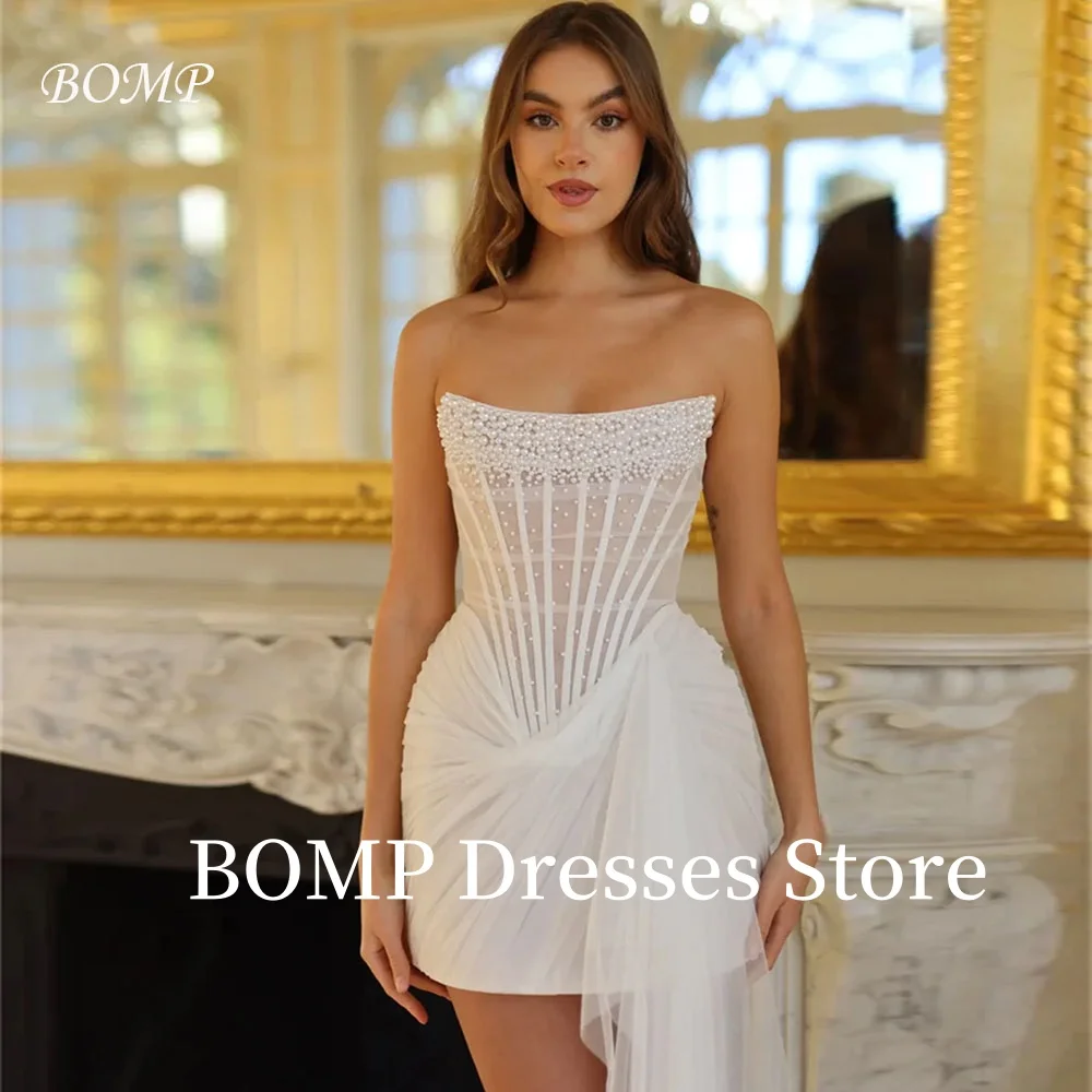 BOMP Customized Ivory Strapless Pearls Pleated Mini Wedding Dress Asymmetrical Sleeveless vestidos de novia For After Party
BOMP Customized Ivory Strapless Pearls Pleated Mini Wedding Dress Asymmetrical Sleeveless vestidos de novia For After Party