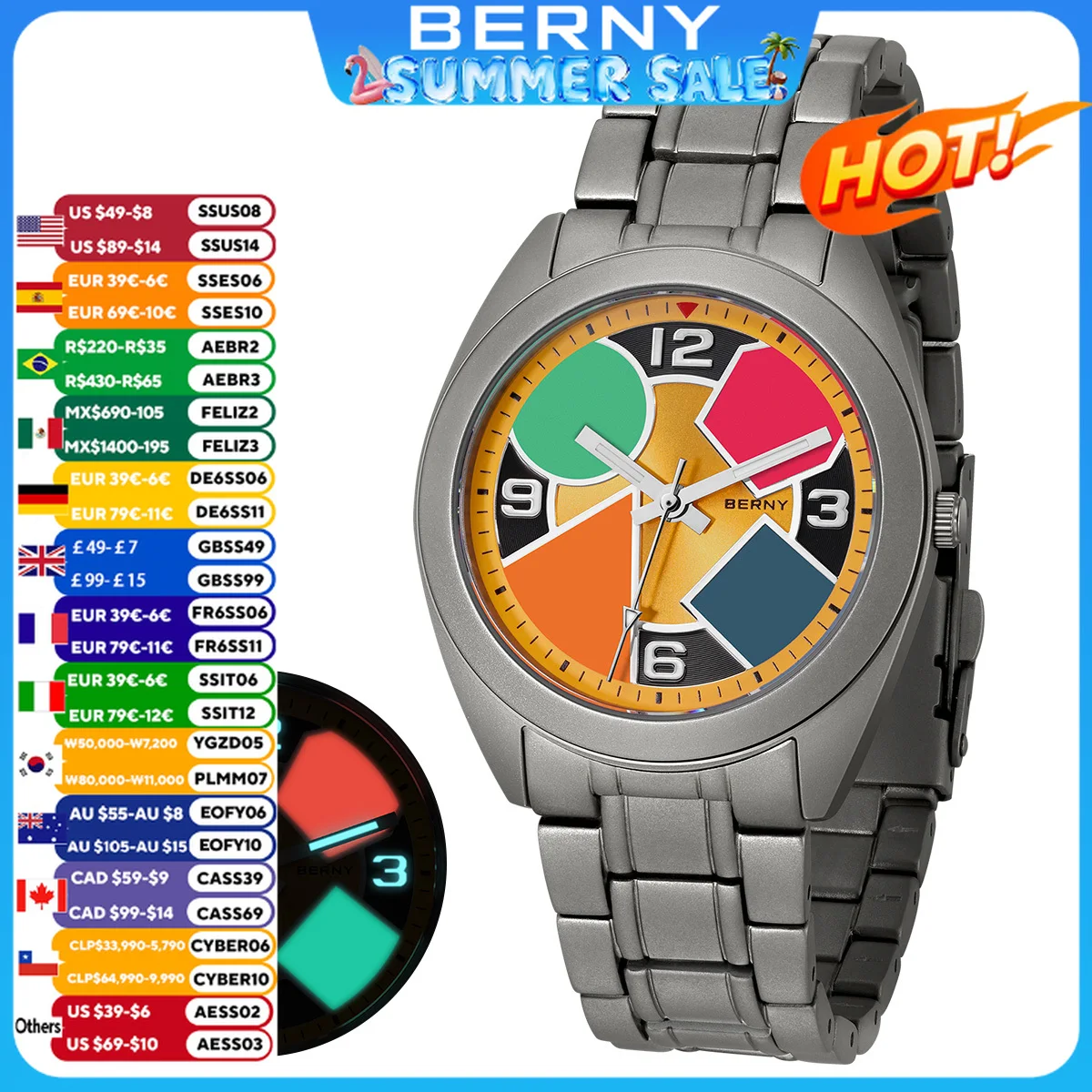 BERNY Titanium Watch For Men AR Coating Sapphire Contrasting Geometric Dial Multi-color Luminous Canvas Titanium Watch For Men
BERNY Titanium Watch For Men AR Coating Sapphire Contrasting Geometric Dial Multi-color Luminous Canvas Titanium Watch For Men