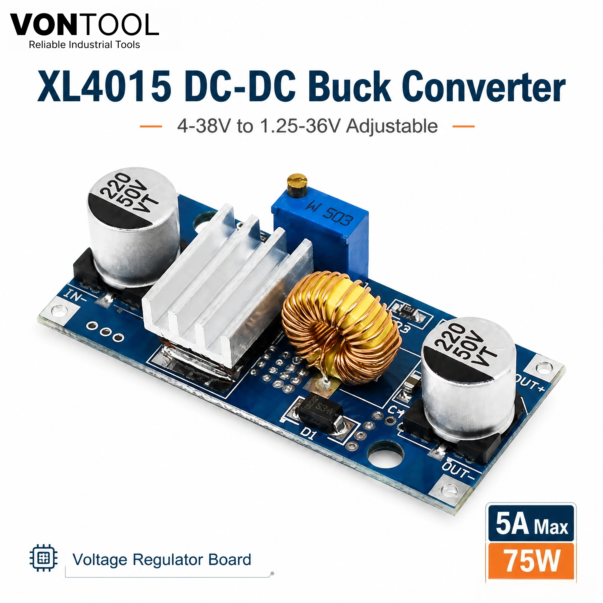 VONTOOL XL4015 DC-DC Buck Step Down Converter 5A Adjustable Power Supply Module 4-38V to 1.25-36V With Heat Sink
VONTOOL XL4015 DC-DC Buck Step Down Converter 5A Adjustable Power Supply Module 4-38V to 1.25-36V With Heat Sink