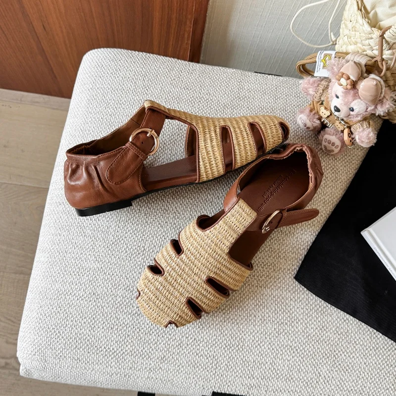 MKKHOU Fashion Sandals Women's New High Quality Genuine Leather Round Head Straw Flat Sandals Summer Roman Shoes Women
MKKHOU Fashion Sandals Women's New High Quality Genuine Leather Round Head Straw Flat Sandals Summer Roman Shoes Women