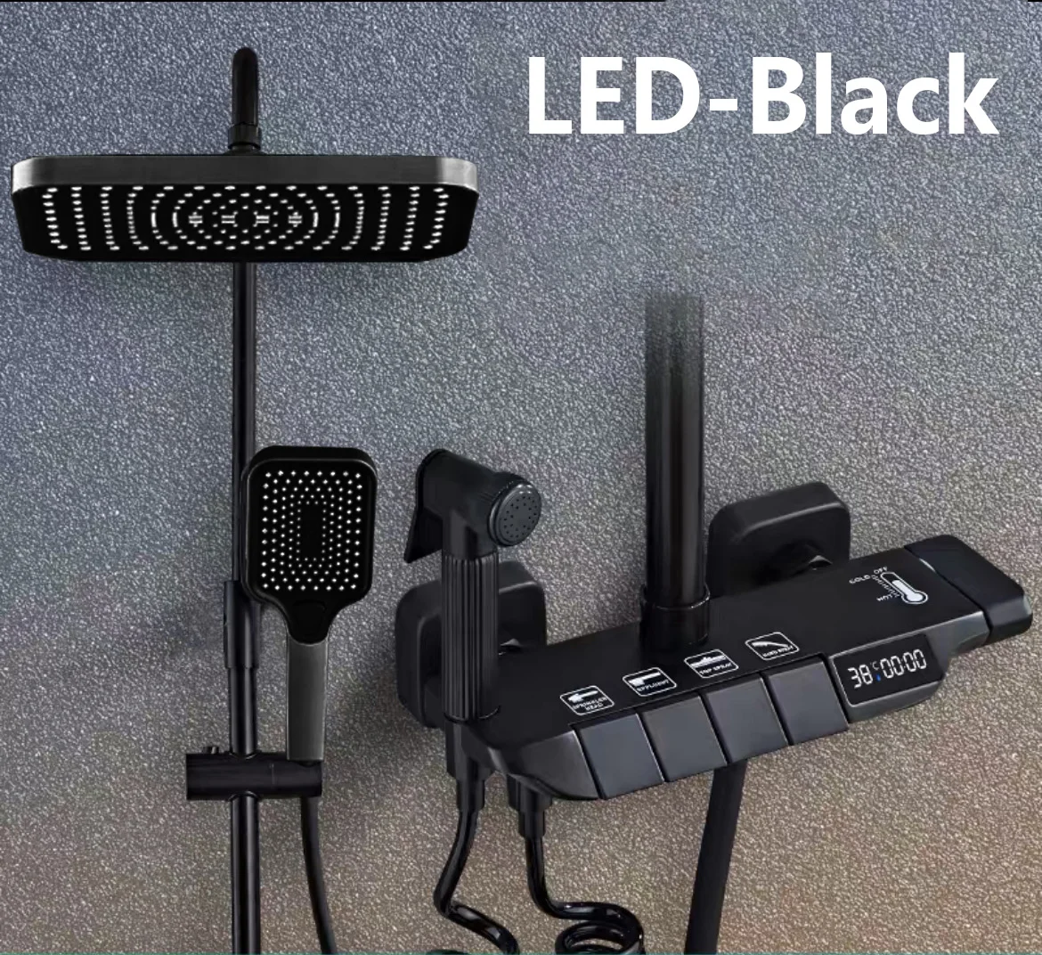 Black Digital Shower Set Bathroom Rainfall Brass Wall Mounted 4Way Shower Faucet Bathtub Thermostat Rain Mixer Tap Shower System
Black Digital Shower Set Bathroom Rainfall Brass Wall Mounted 4Way Shower Faucet Bathtub Thermostat Rain Mixer Tap Shower System