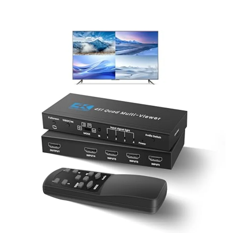 4K HDMI Switch, 4 in 1 Out Seamless Quad Multi-Viewer with IR Remote, Split Screen and 5 Display Modes, Supports 4K@30Hz, 1080P
4K HDMI Switch, 4 in 1 Out Seamless Quad Multi-Viewer with IR Remote, Split Screen and 5 Display Modes, Supports 4K@30Hz, 1080P