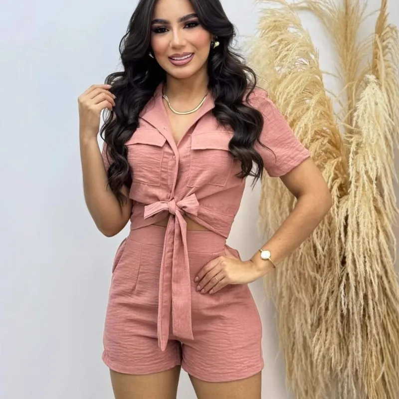 Casual Bow Lace Up Shirts 2 Piece Sets Women Outfits Summer Short Sleeve Shirt With Pocket Shorts Set Solid Elegant 2025 Summer
Casual Bow Lace Up Shirts 2 Piece Sets Women Outfits Summer Short Sleeve Shirt With Pocket Shorts Set Solid Elegant 2025 Summer