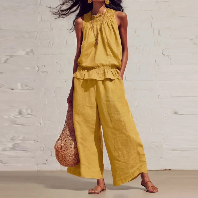 Retro O-neck Lotus Leaf Loose Suit Fashion Solid Color Pleated Sleeveless Vacation Outfit Casual Linen Top+Pants Two-piece Set
Retro O-neck Lotus Leaf Loose Suit Fashion Solid Color Pleated Sleeveless Vacation Outfit Casual Linen Top+Pants Two-piece Set