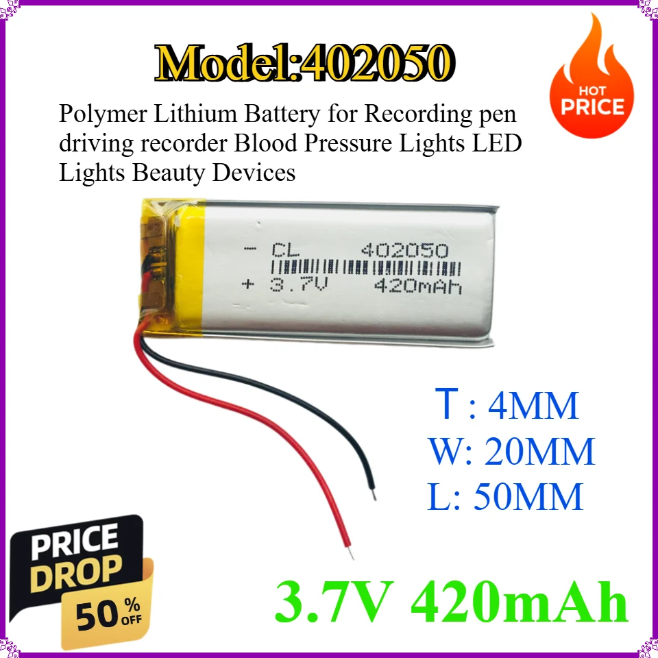 402050 420mah 3.7V Polymer Lithium Battery for Recording pen driving recorder Blood Pressure Lights LED Lights Beauty Devices
402050 420mah 3.7V Polymer Lithium Battery for Recording pen driving recorder Blood Pressure Lights LED Lights Beauty Devices