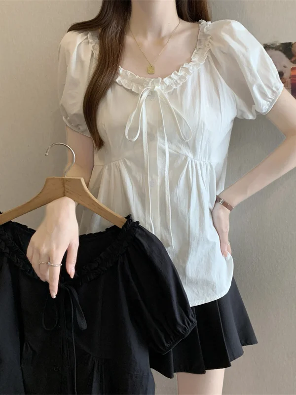 Sweet Style plus Size Women's Shirt U-Neck Lace Bubble Sleeve Slimming Top Trendy Summer Fashion Korean Style Short Sleeve
Sweet Style plus Size Women's Shirt U-Neck Lace Bubble Sleeve Slimming Top Trendy Summer Fashion Korean Style Short Sleeve