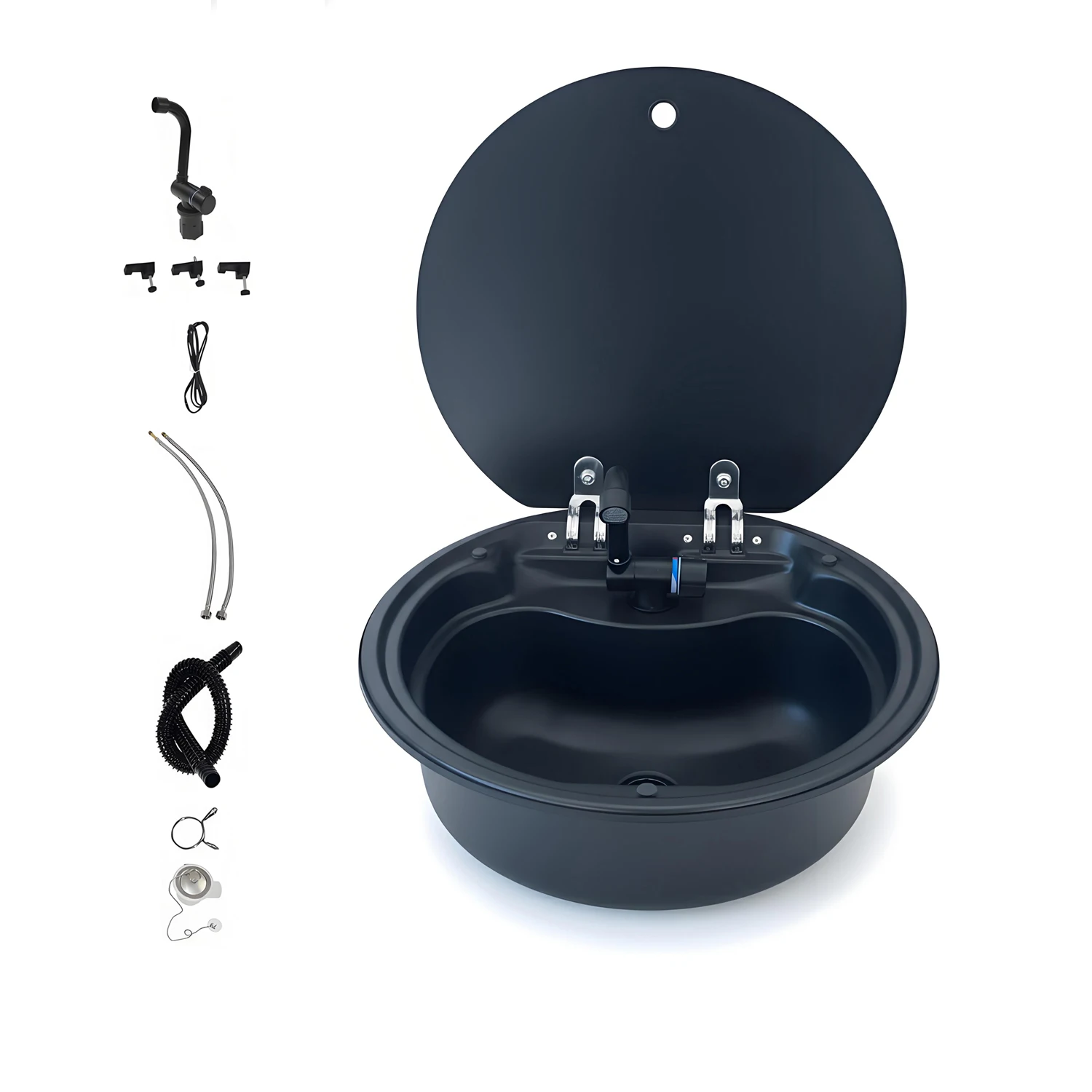 Круглая раковина для автофургона с крышкой, черная нержавеющая сталь, смеситель для водопроводной воды и слив для кемпера, дома на колесах, яхт и т. д.
Круглая раковина для автофургона с крышкой, черная нержавеющая сталь, смеситель для водопроводной воды и слив для кемпера, дома на колесах, яхт и т. д.