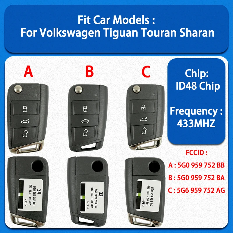 CN001068 Original 3B PN:5G0 959 753 BB/BA ID48Chip 433 MHz Smart Remote Key KeylessFor Volkswagen Tiguan Touran Sharan 2014-2025
CN001068 Original 3B PN:5G0 959 753 BB/BA ID48Chip 433 MHz Smart Remote Key KeylessFor Volkswagen Tiguan Touran Sharan 2014-2025