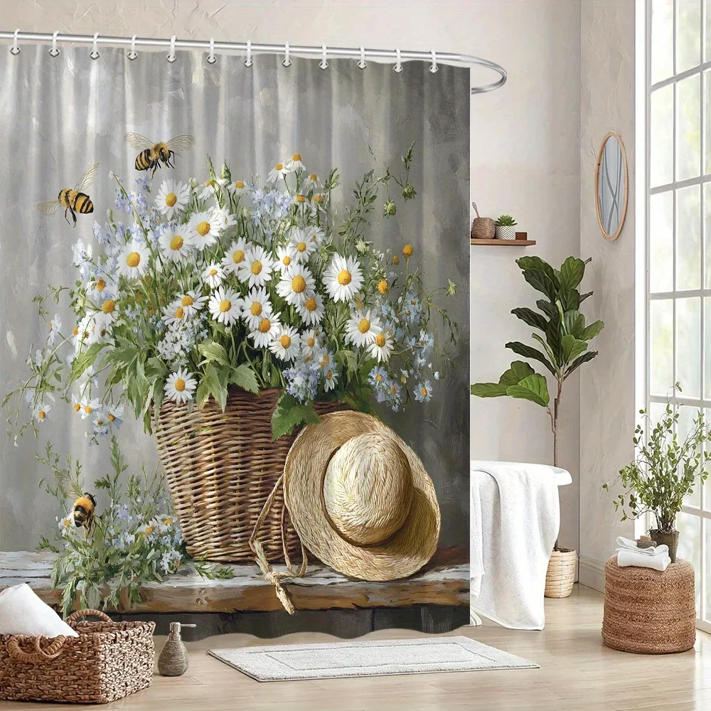 White Daisies & Forget-Me-Nots Shower Curtain - Realistic Oil Painting, Wicker Basket, Bees & Straw Hat, Rustic Bath Decor
White Daisies & Forget-Me-Nots Shower Curtain - Realistic Oil Painting, Wicker Basket, Bees & Straw Hat, Rustic Bath Decor