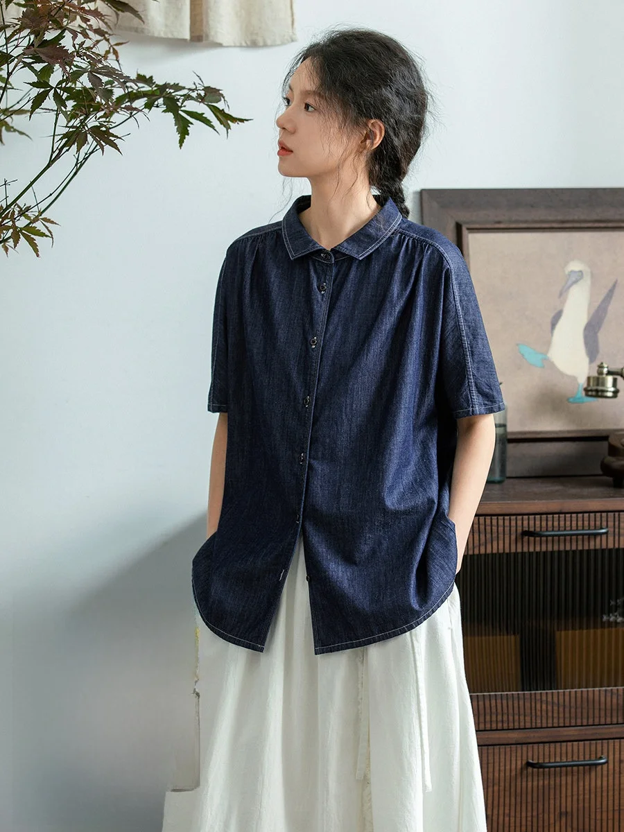 Original Pure Cotton Blue Denim Shirt Women's Summer Thin Style Japanese Retro Casual Short Sleeve Blouse Top Loose Fit
Original Pure Cotton Blue Denim Shirt Women's Summer Thin Style Japanese Retro Casual Short Sleeve Blouse Top Loose Fit