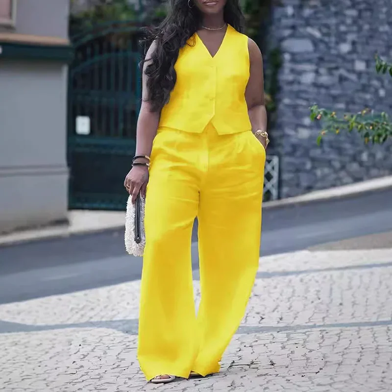 Solid Streetwear Two Piece Set Women Matching Sets Sleeveless Button Up V-neck Waistcoat and Pocket Wide Leg Pants Casua Outfits
Solid Streetwear Two Piece Set Women Matching Sets Sleeveless Button Up V-neck Waistcoat and Pocket Wide Leg Pants Casua Outfits