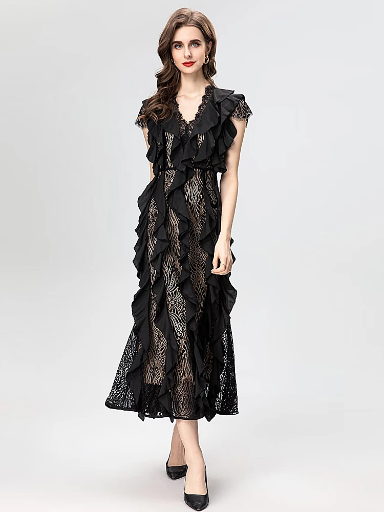 Catwalk Women's Summer High Quality Fashion Party Black Green Ruffle Girls Sexy Classic Pretty Sweet Lace Long Dresses For Women
Catwalk Women's Summer High Quality Fashion Party Black Green Ruffle Girls Sexy Classic Pretty Sweet Lace Long Dresses For Women