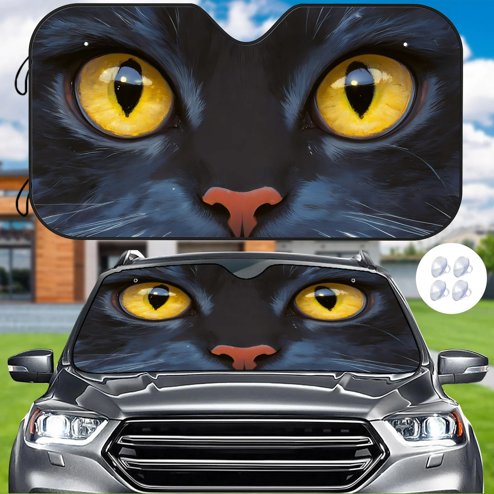 Stylish Black Cat Yellow Eyes Car Sunshade, High-Efficiency Insulation With 4 Free Suction Cups To Keep The Interior Cool
Stylish Black Cat Yellow Eyes Car Sunshade, High-Efficiency Insulation With 4 Free Suction Cups To Keep The Interior Cool