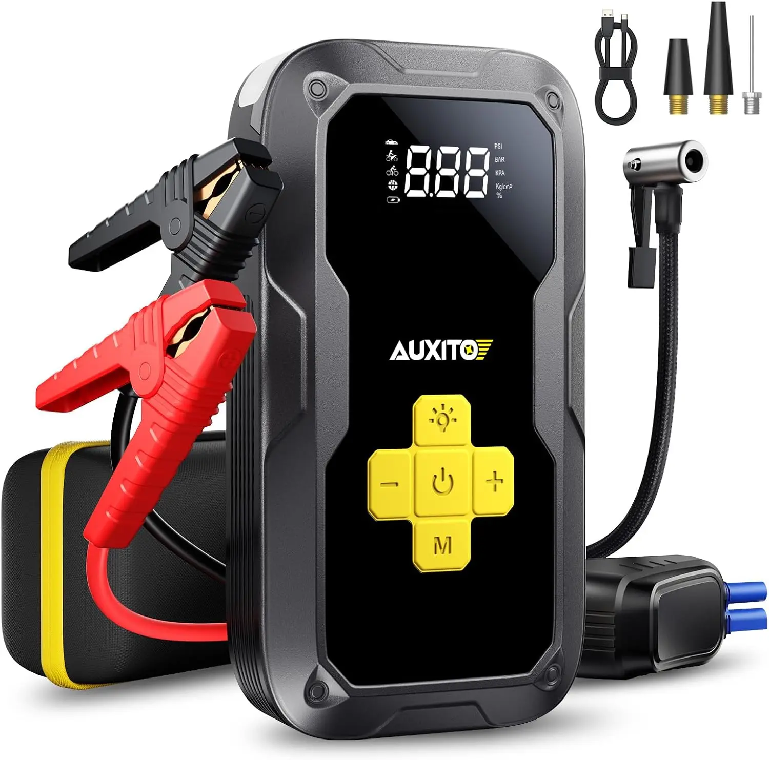 6000A Jump Starter with Air Compressor, 150PSI Tire Inflator, 12V Power Bank for All Gas/8L Diesel Engines, Emergency Light
6000A Jump Starter with Air Compressor, 150PSI Tire Inflator, 12V Power Bank for All Gas/8L Diesel Engines, Emergency Light