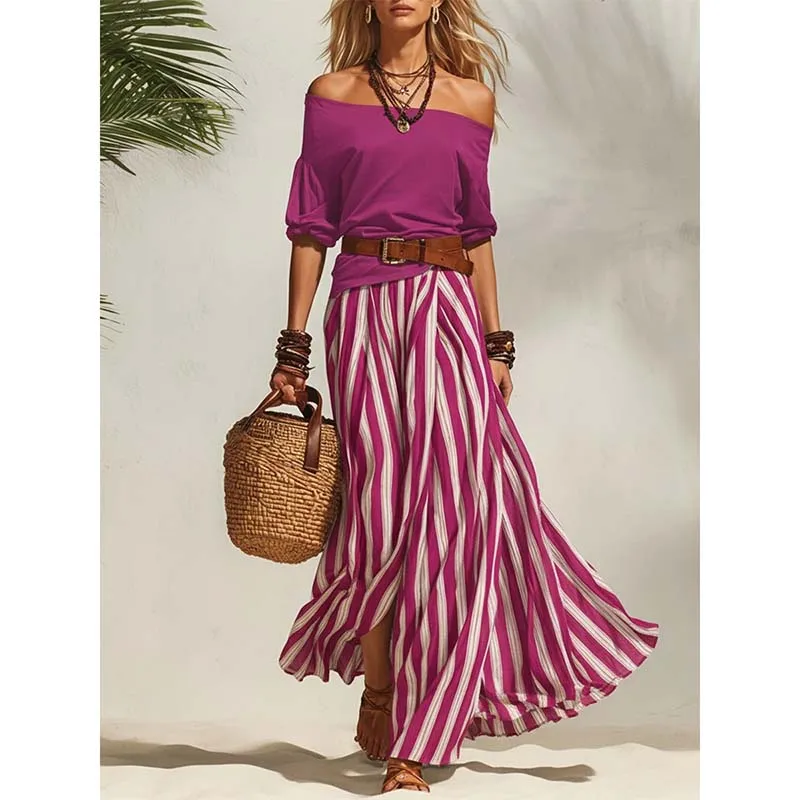 2026 Sexy Women's One Shoulder T-shirt + Skirt Set Spring Summer New Elegant Female Vacation Printed Striped Skirt 2-piece Set
2026 Sexy Women's One Shoulder T-shirt + Skirt Set Spring Summer New Elegant Female Vacation Printed Striped Skirt 2-piece Set