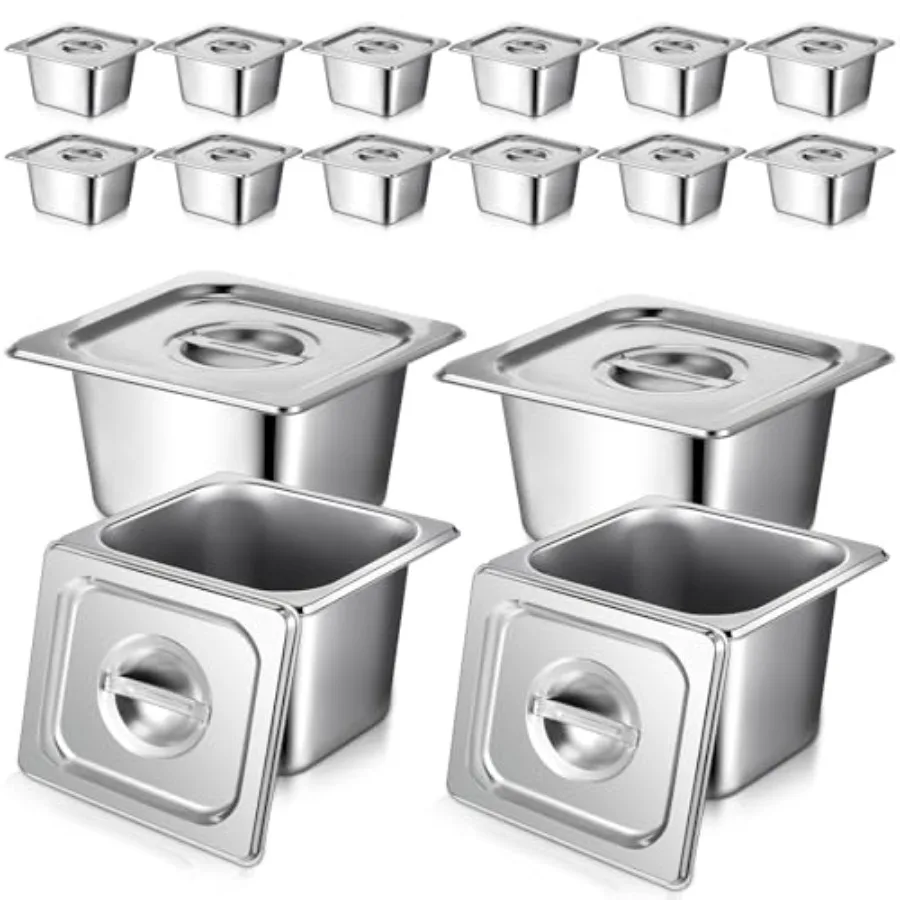 Commercial steam table use: 16-pack 1/6 stainless steel pans with lids, tongs, spoons; silver color; corrosion-resistant, durab
Commercial steam table use: 16-pack 1/6 stainless steel pans with lids, tongs, spoons; silver color; corrosion-resistant, durab