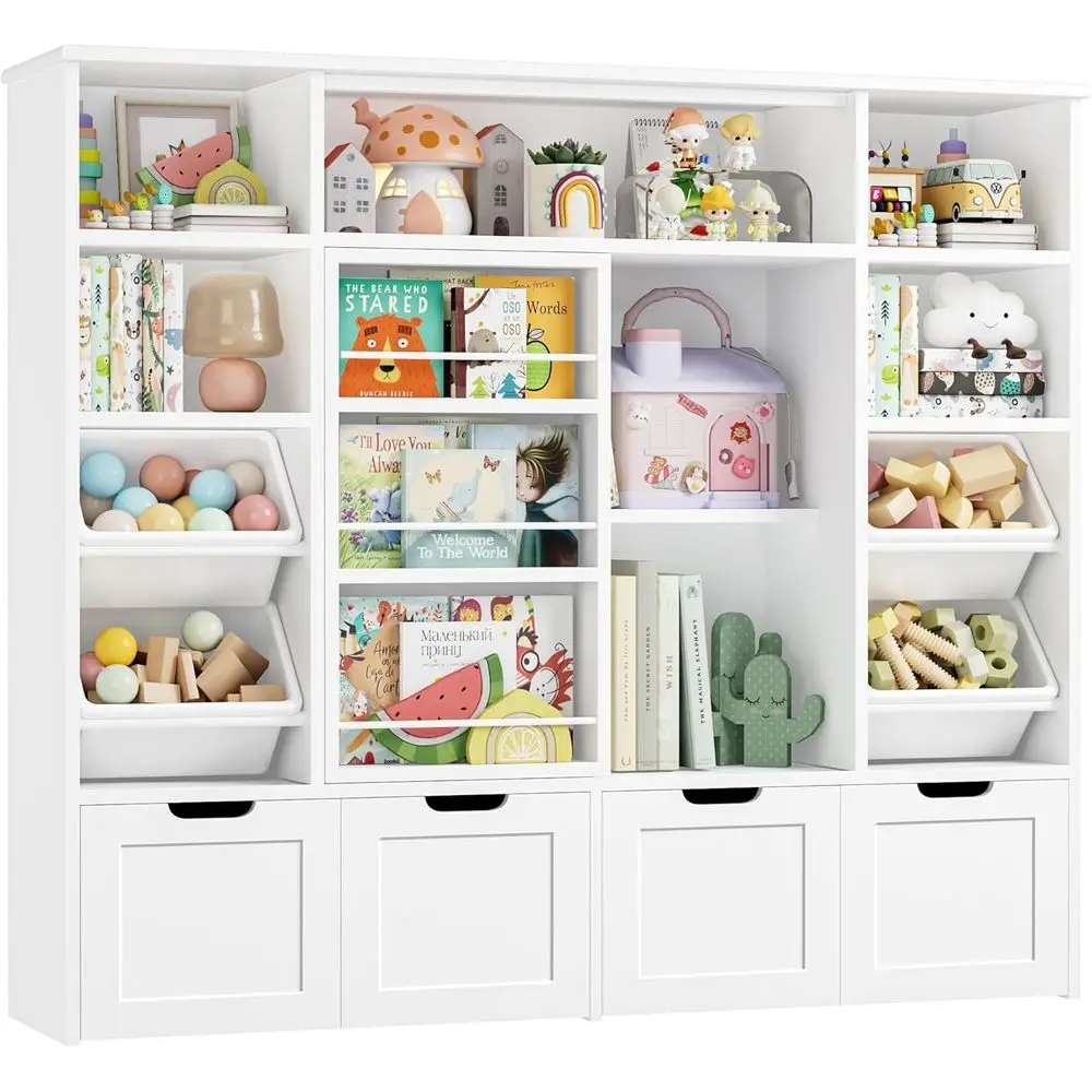 Large White Toy Organizer with Sliding Bookshelf, 4 Drawers & 4 Bins for Playroom Storage
Large White Toy Organizer with Sliding Bookshelf, 4 Drawers & 4 Bins for Playroom Storage