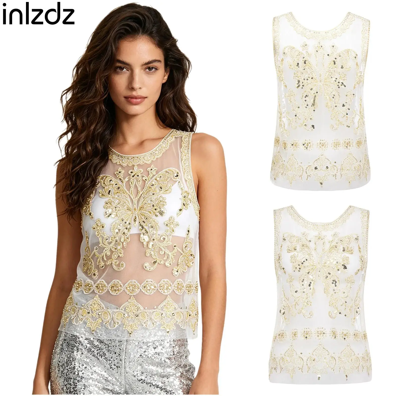 Sheer Mesh Vintage Tank Top for Women 1920s Sequin Embroidery Detail Crew Neck Sleeveless Pullover Cover Up for Night Club Party
Sheer Mesh Vintage Tank Top for Women 1920s Sequin Embroidery Detail Crew Neck Sleeveless Pullover Cover Up for Night Club Party