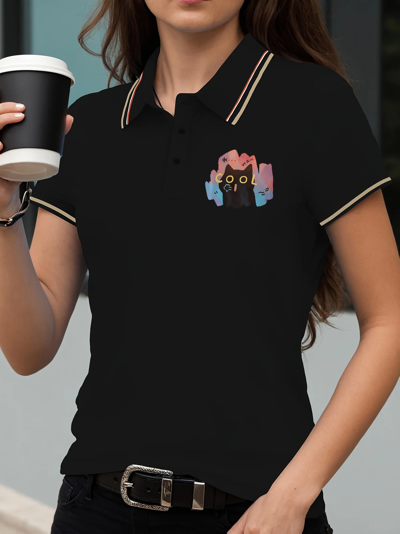 Colorful Cool Cartoon Black Cat Print Polo Shirts Women Summer Culture Lapel T-Shirt Contrast Soft Streetwear All-Match Top
Colorful Cool Cartoon Black Cat Print Polo Shirts Women Summer Culture Lapel T-Shirt Contrast Soft Streetwear All-Match Top