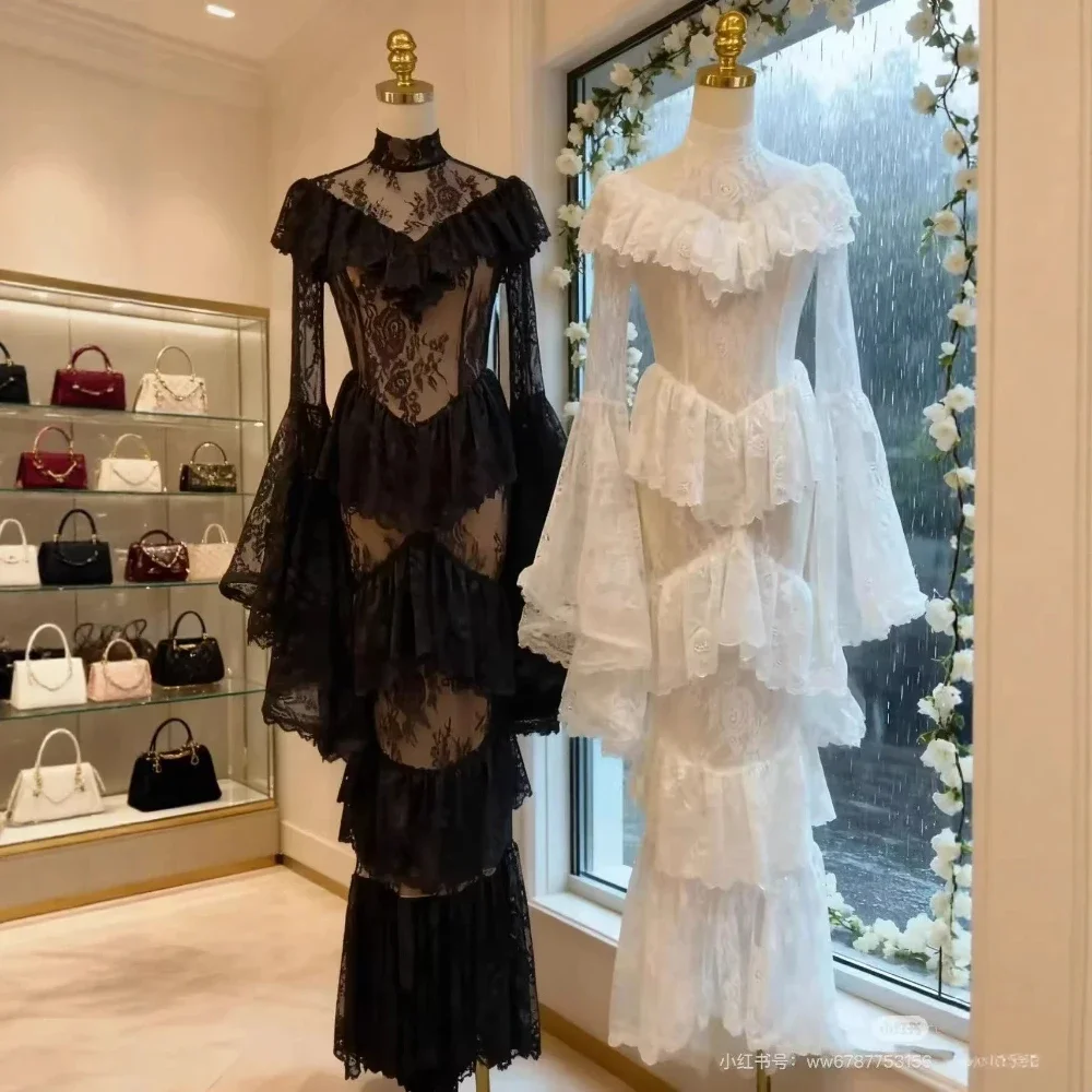 Modern Evening Dresses O Neck See-Through Flared Sleeves Multi-Level Ruffled Lace Dress Fashion Package Hip Fishtail Dress
Modern Evening Dresses O Neck See-Through Flared Sleeves Multi-Level Ruffled Lace Dress Fashion Package Hip Fishtail Dress