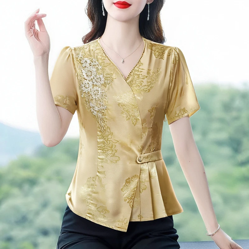 2025 Fashion Silk Satin Shirt Slim Summer Women Clothing Short Sleeve Printed Tops Short Sleeve Blouse
2025 Fashion Silk Satin Shirt Slim Summer Women Clothing Short Sleeve Printed Tops Short Sleeve Blouse