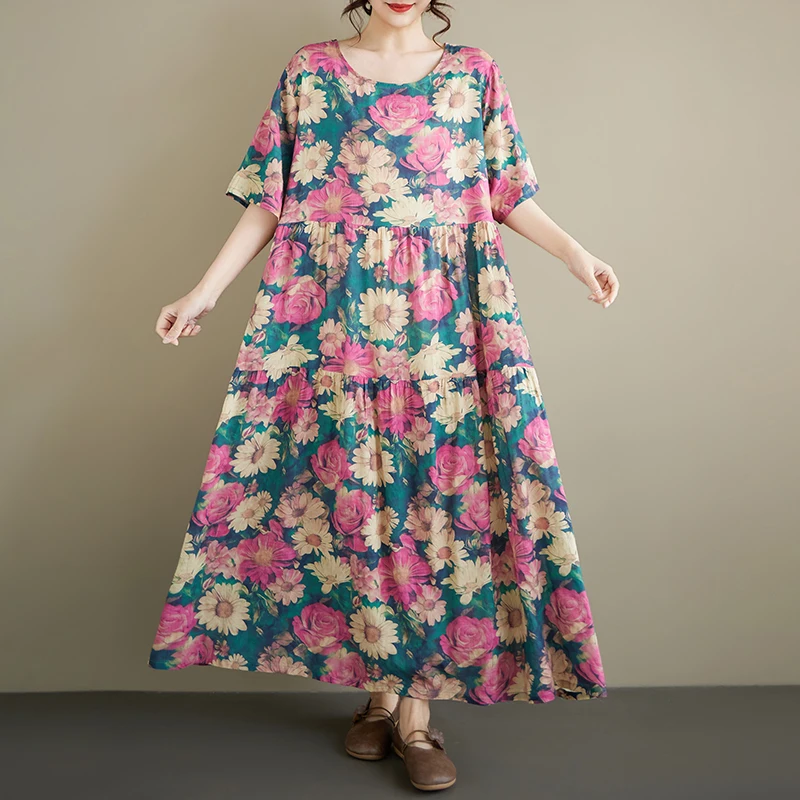 Ladies Cotton Lin Dress Summer New Style round Neck Short Sleeve Pleated Print Loose A-Line Skirt City Walk Ethnic Style Thin
Ladies Cotton Lin Dress Summer New Style round Neck Short Sleeve Pleated Print Loose A-Line Skirt City Walk Ethnic Style Thin