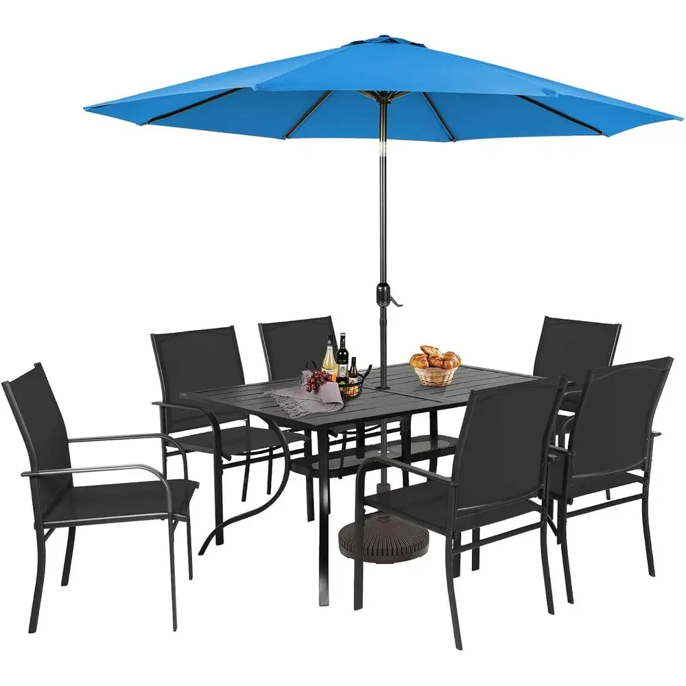 8-Piece Outdoor Dining Set with 6 Textilene Chairs, Metal Table, and Sky Blue Patio Umbrella
8-Piece Outdoor Dining Set with 6 Textilene Chairs, Metal Table, and Sky Blue Patio Umbrella