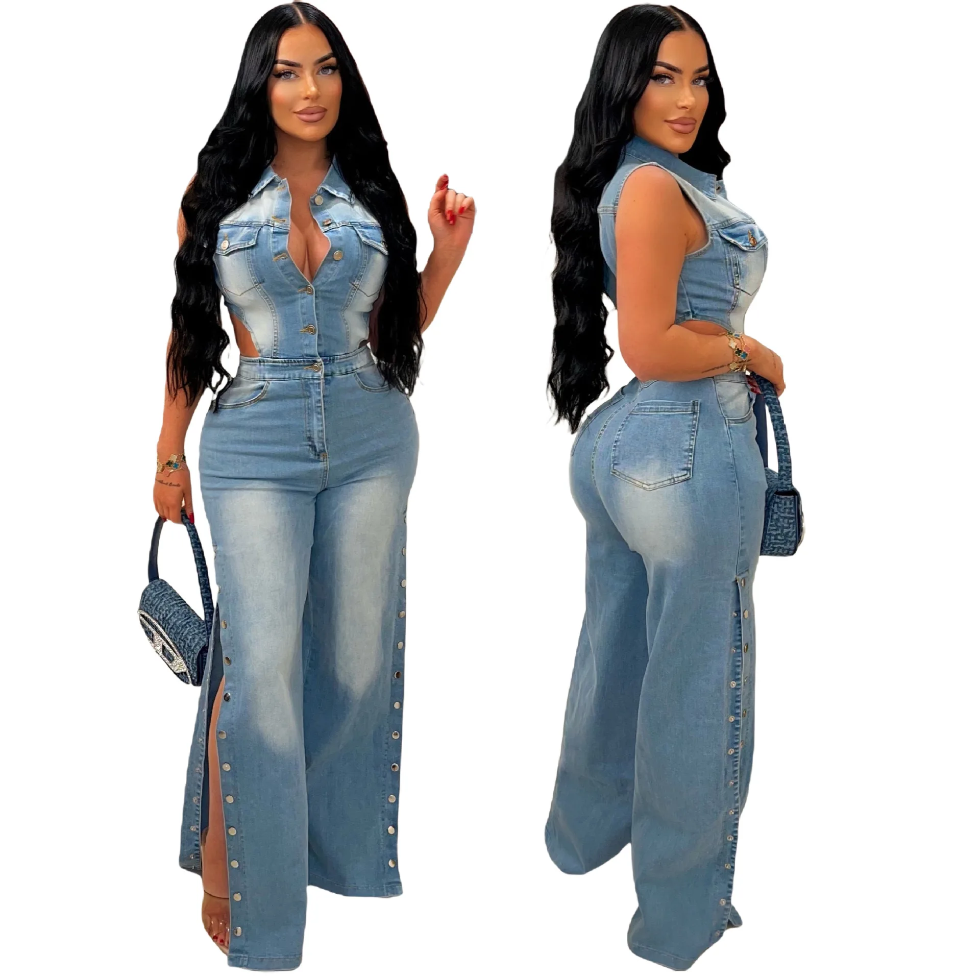 2025 Summer Autumn Fashionable Light Washed Jeans Jumpsuit Hollow Out Waist Sleeveless Buttons Wide Leg Denim Rompers
2025 Summer Autumn Fashionable Light Washed Jeans Jumpsuit Hollow Out Waist Sleeveless Buttons Wide Leg Denim Rompers